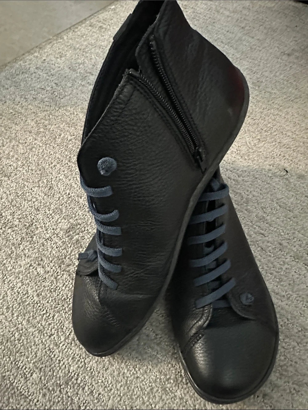 Camper Men's Black Leather Boat Shoes with Dark Blue Laces